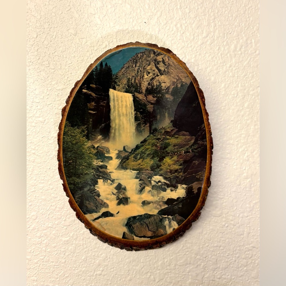 Vintage Decoupage Pine Wood Plaque of Vernal Falls in Yosemite Valley 9”x6.5”.5”